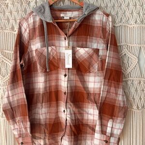 Natural Reflections Rust and White Plaid Hooded Button-Down Shirt - NWT